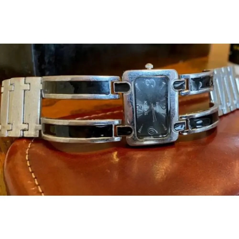 Women's Topten Silver Tone Watch with Black Enamel Accents, Quartz Movement